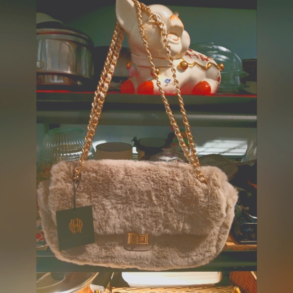 House Of HARLOW Beige Faux‎ Fur Handbag